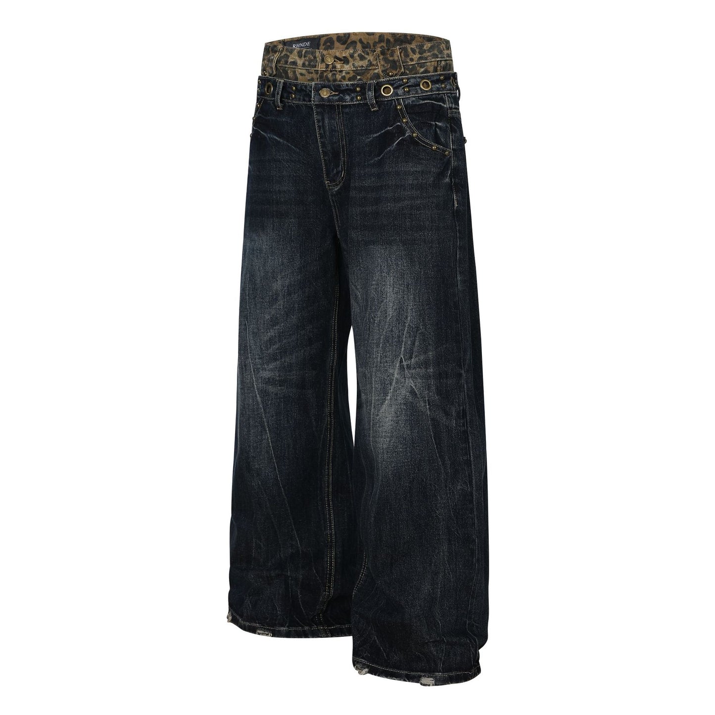 Fake Layered Leopard Print Wide Leg Denim Jeans WN26148