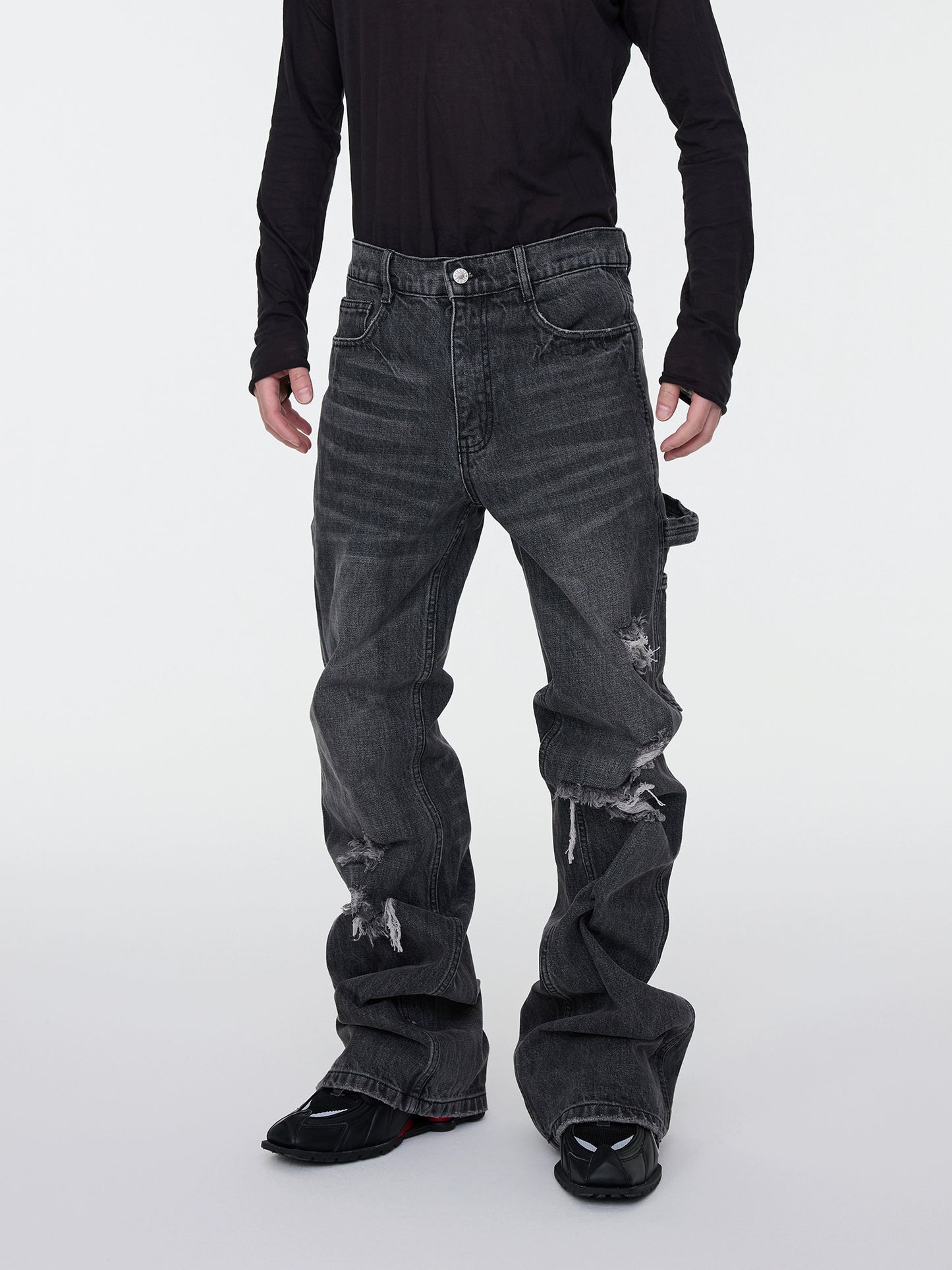 Whisker Rip Damage Stacked Flare Denim Jeans WN16949