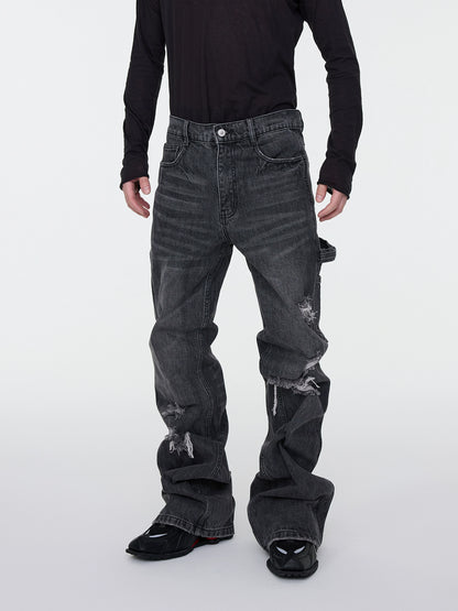 Whisker Rip Damage Stacked Flare Denim Jeans WN16949