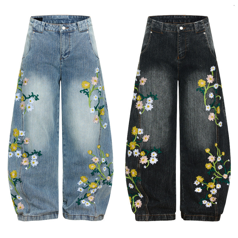 Floral Embroidery Wide Leg Denim Jeans WN23570