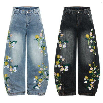 Floral Embroidery Wide Leg Denim Jeans WN23570