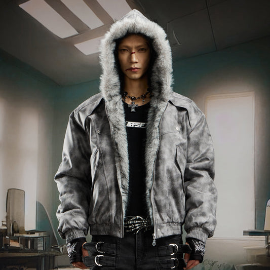 Washed Tie-Dye Suede Studded Fake Fur Hooded Puffer Jacket WN22756