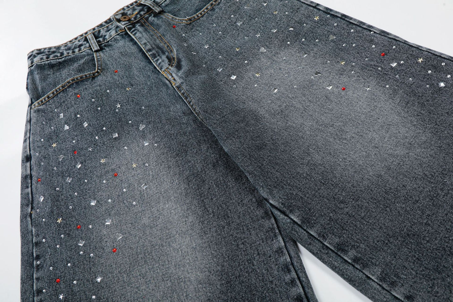 Washed Rhinestone Denim Wide Leg Half Pants WN25697
