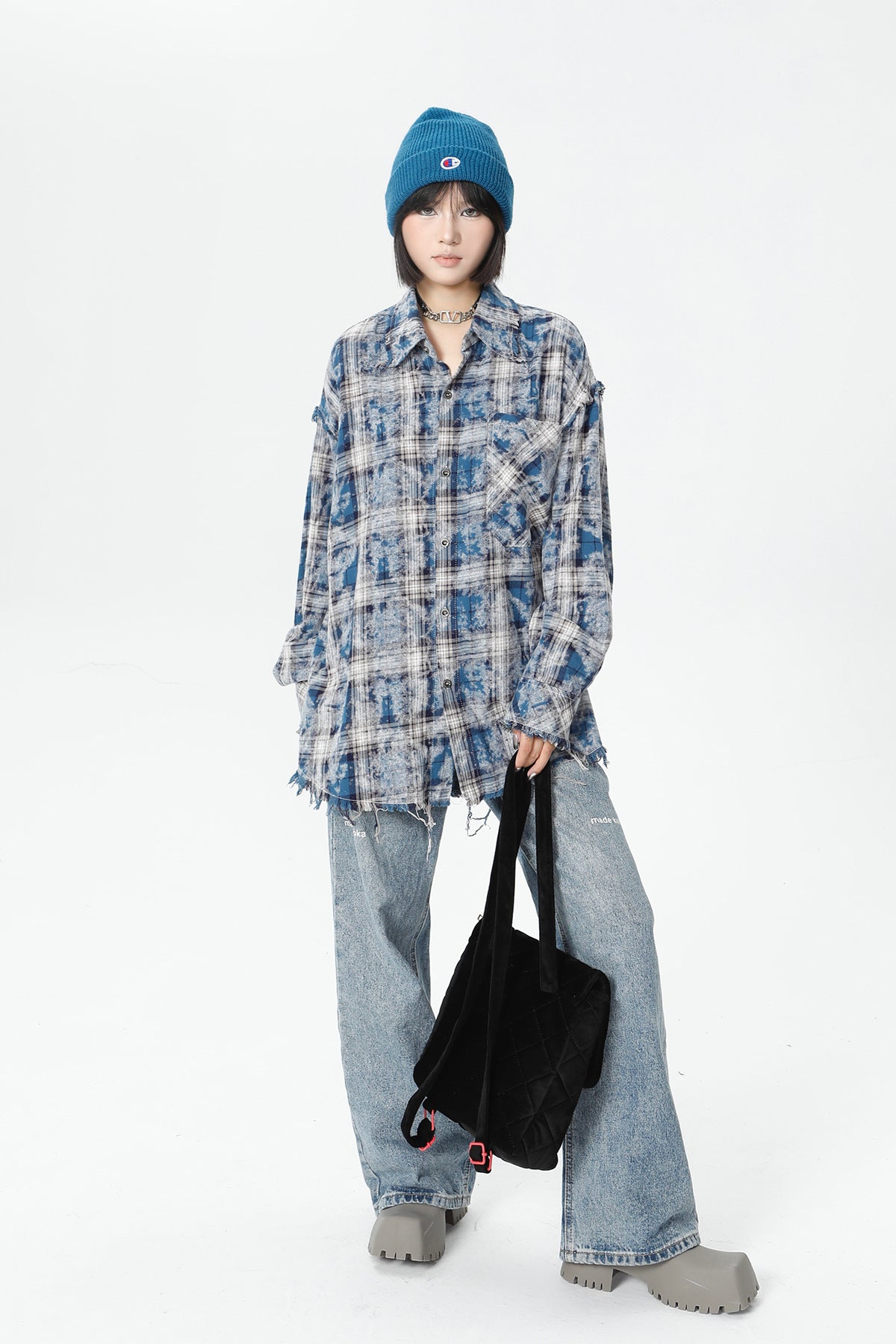 Plaid Washed Fringe Long Sleeve Shirt WN25379