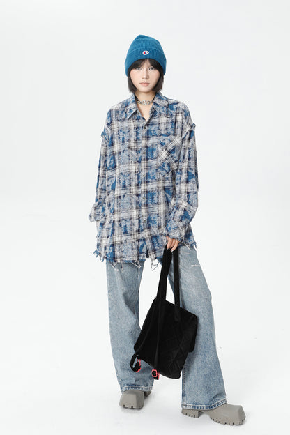 Plaid Washed Fringe Long Sleeve Shirt WN25379