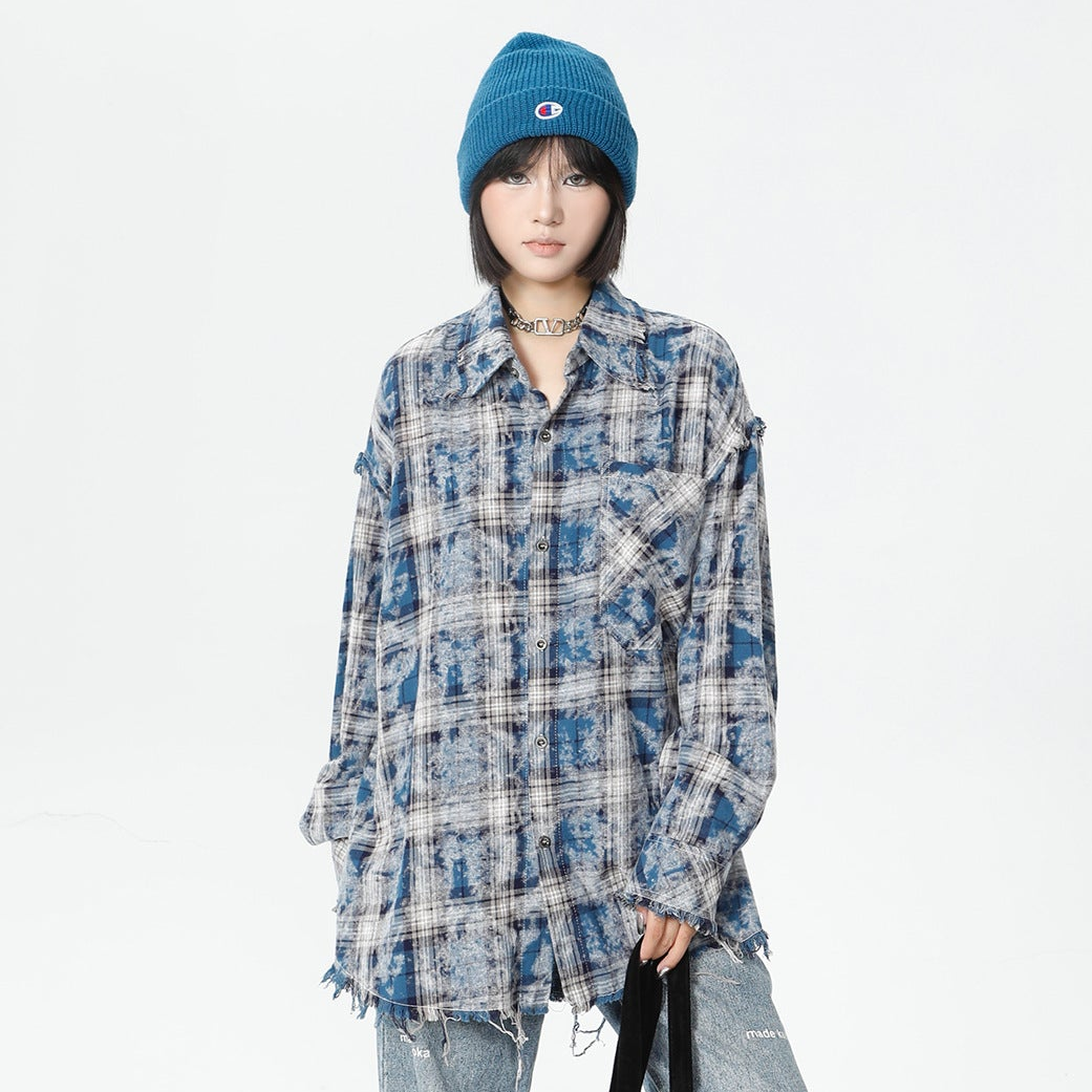 Plaid Washed Fringe Long Sleeve Shirt WN25379