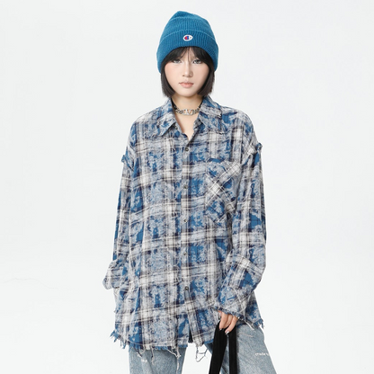 Plaid Washed Fringe Long Sleeve Shirt WN25379