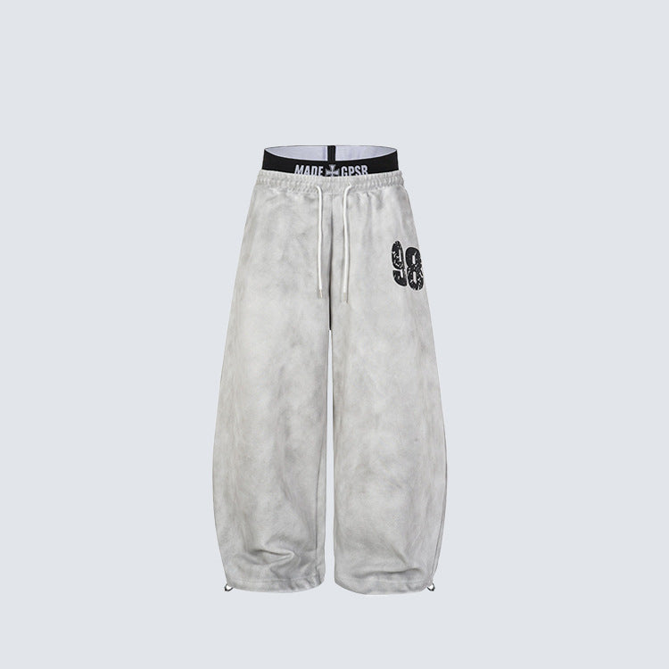 Washed Double Waist Print Wide Leg Sweatpants WN27834
