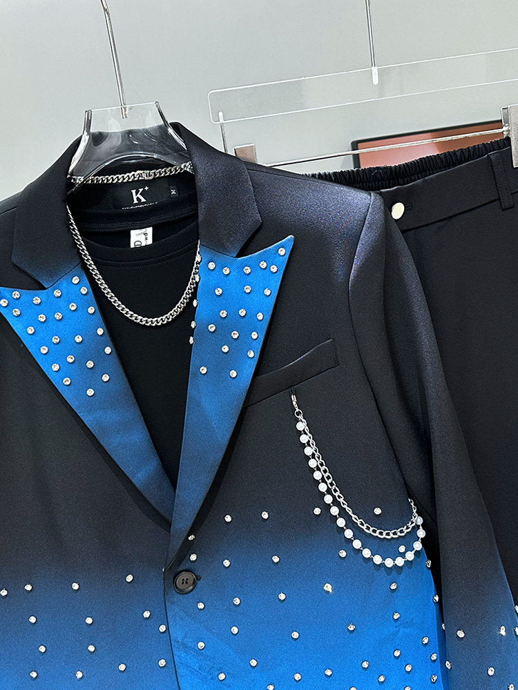 Rhinestone Chain Short Tailored Jacket & Spray Print Micro Flare Trousers Setup WN23937