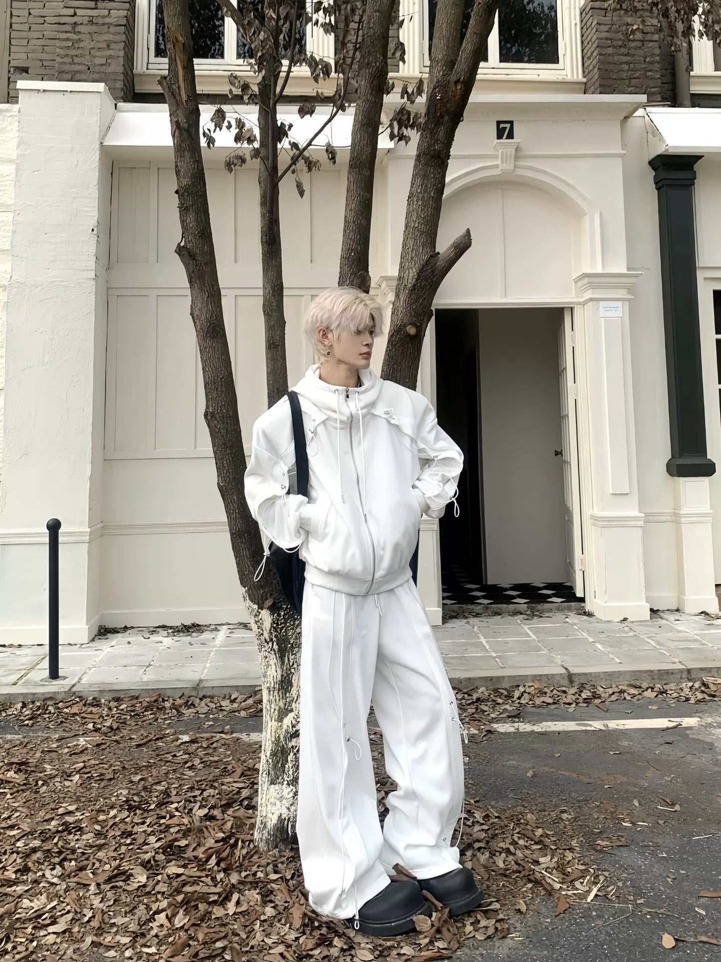 Drawstring Oversize Zipper Hoodie & Drawstring Wide Leg Sweatpants Setup WN19856