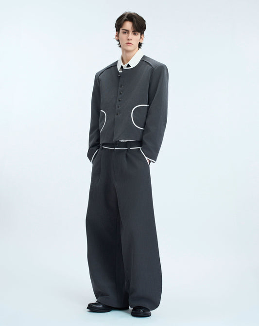 Colorblock Gem Button Collarless Short Jacket & Trousers Setup WN21757
