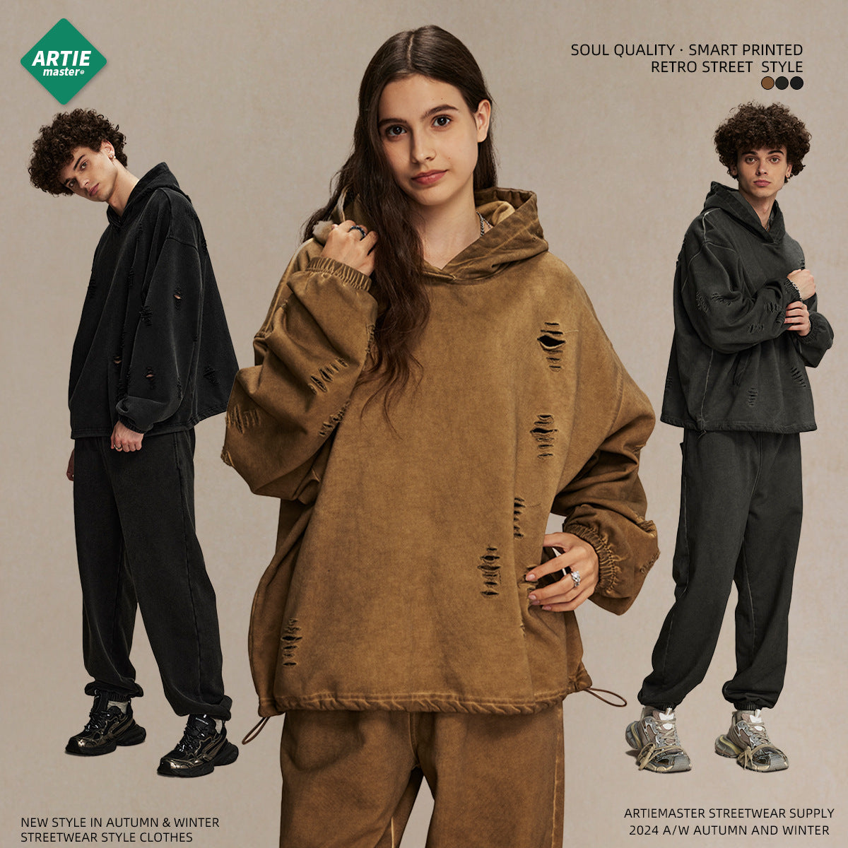 Oversize Drawstring Damage Hoodie WN9974