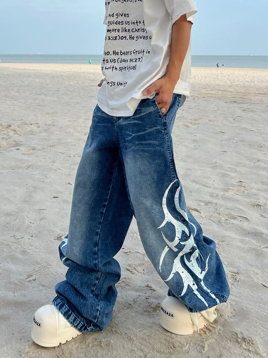 Flame Print Washed Wide Leg Denim Jeans WN24041