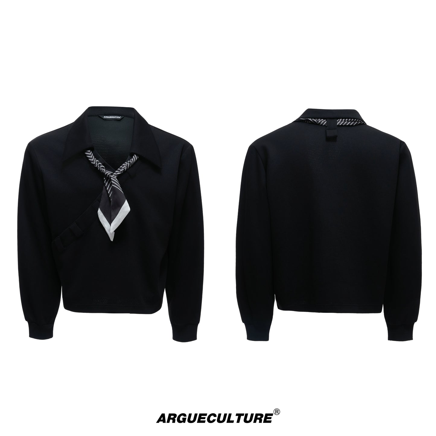 Stripe Scarf Ribbon V-Neck Long Sleeve Shirt WN20534