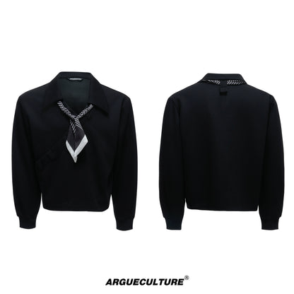 Stripe Scarf Ribbon V-Neck Long Sleeve Shirt WN20534