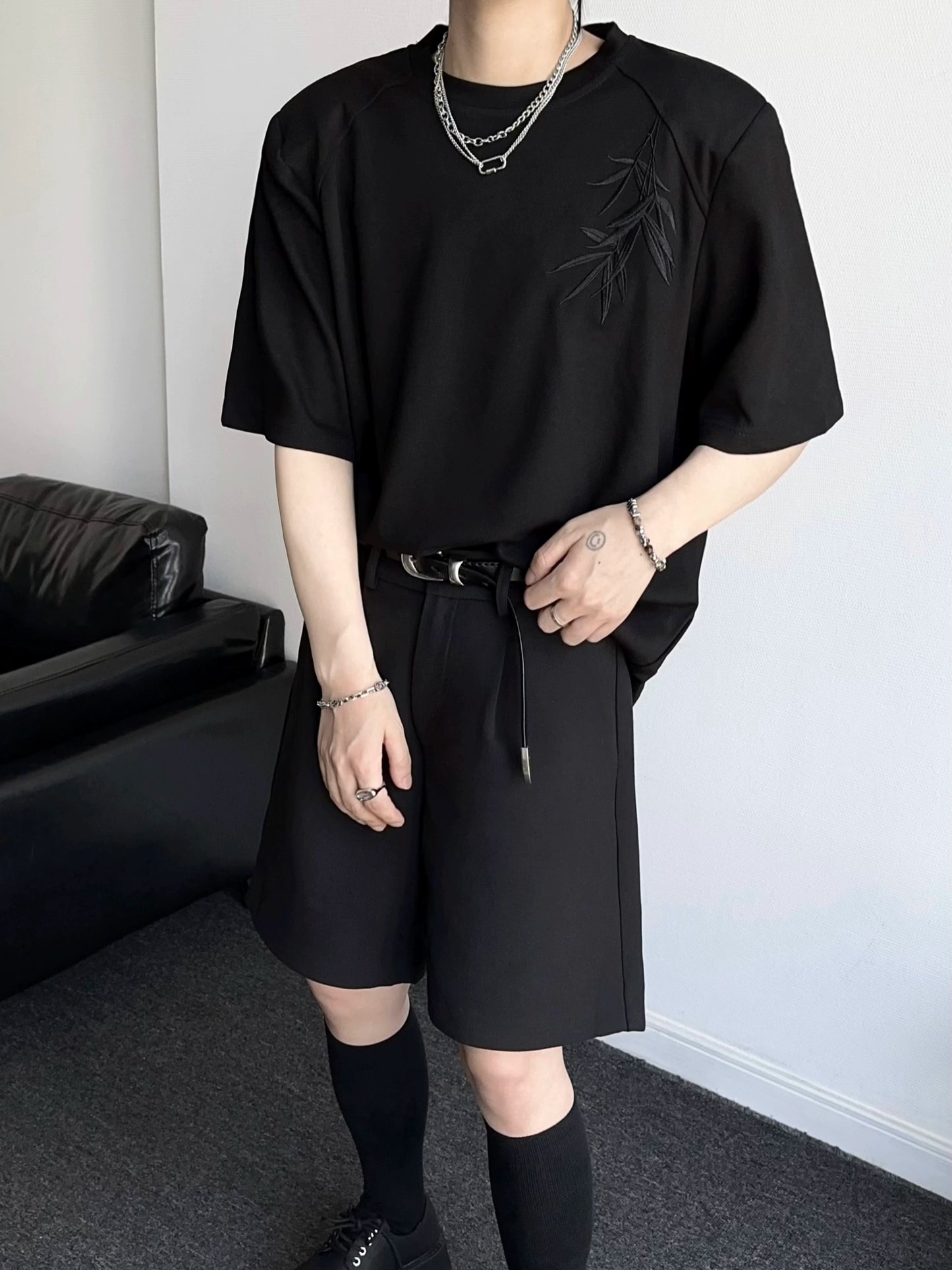 Shoulder-Pad Chinese Style Oversize Short Sleeve T-Shirt WN19348
