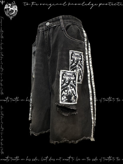 Stripe Damage Patch Denim Half Jeans & Skull Belt WN23792