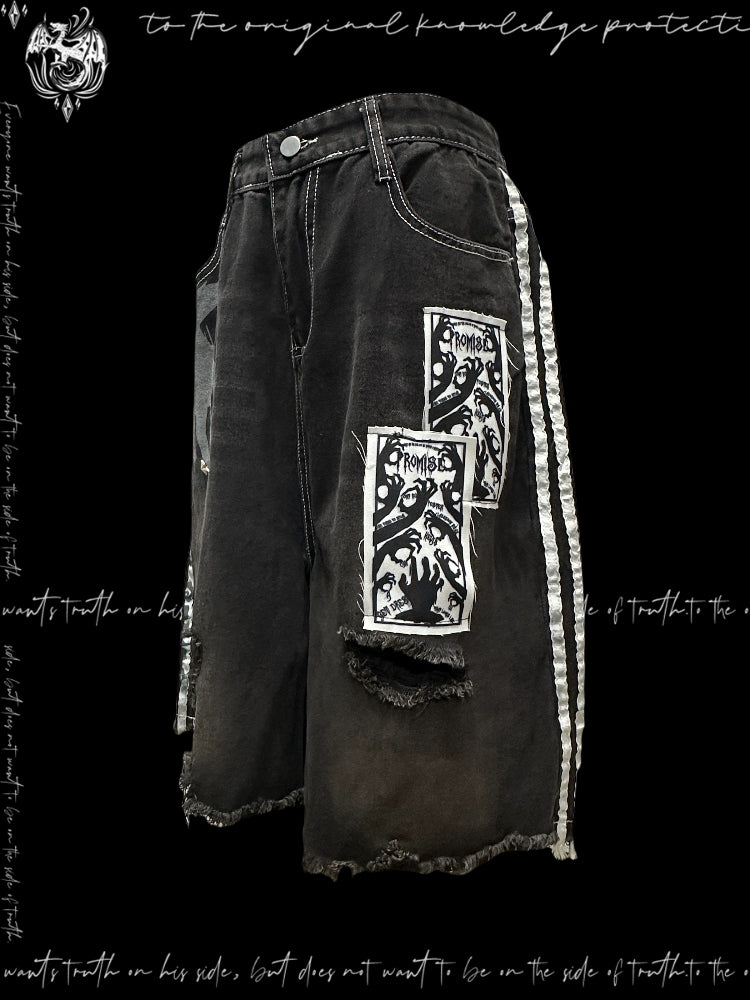 Side Stripe Damage Patch Wide Leg Half Denim Jeans & Skull Belt WN20106