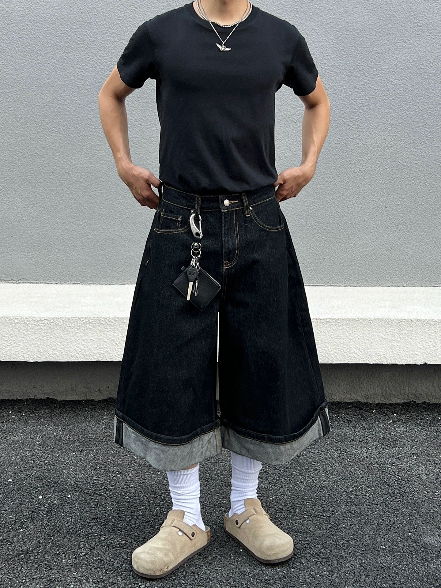 Cuffed Washed Wide Leg Denim Half Jeans WN19458