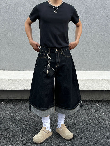 Cuffed Washed Wide Leg Denim Half Jeans WN19458