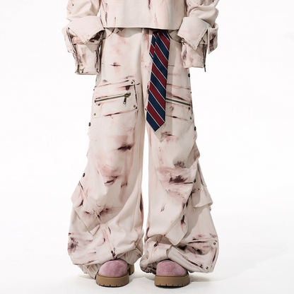 Graffiti Suede Deconstructed Half Zipper Sweatshirt & Cargo Pants Setup WN21783