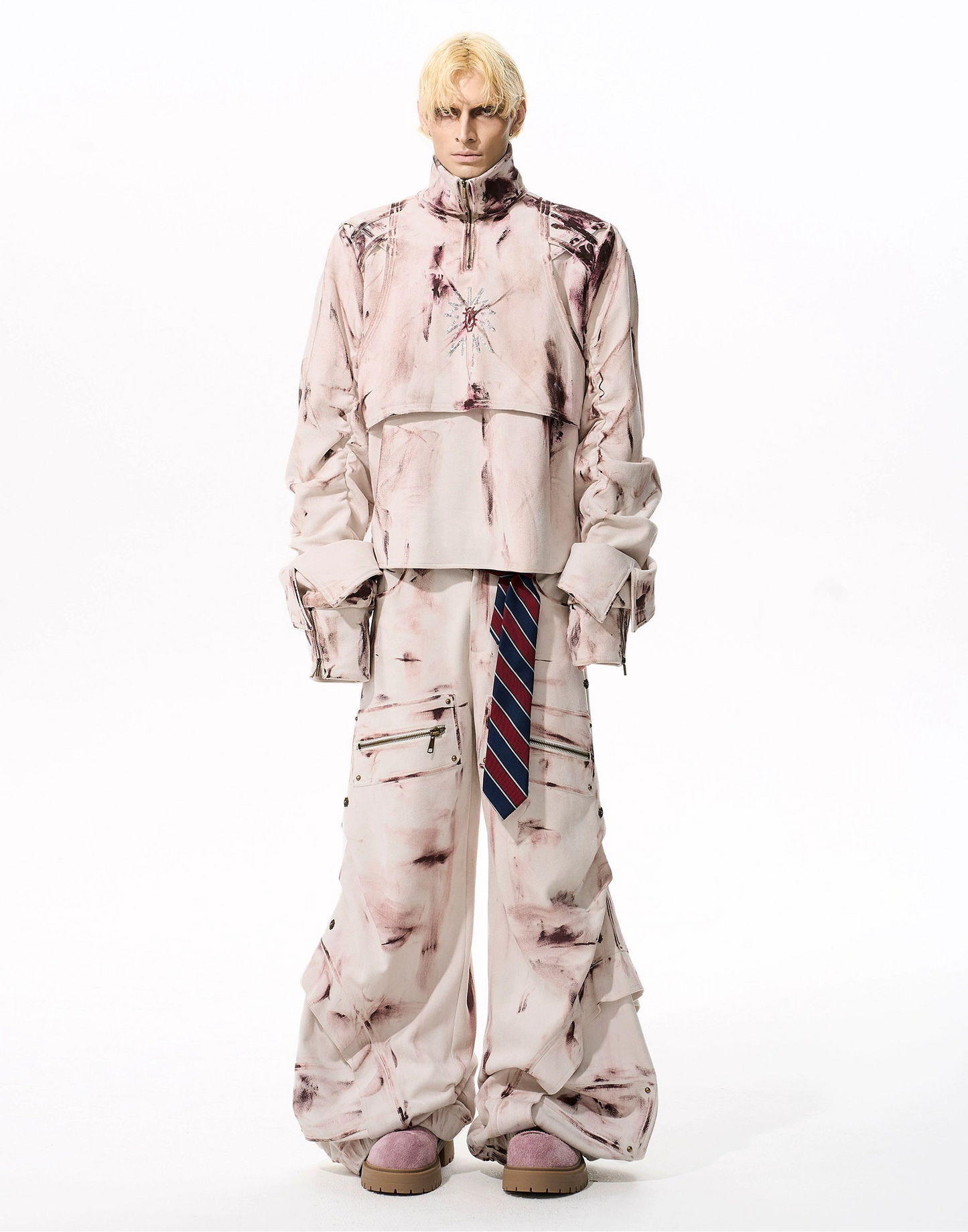 Graffiti Suede Deconstructed Half Zipper Sweatshirt & Cargo Pants Setup WN21783