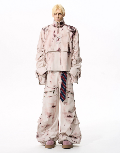 Graffiti Suede Deconstructed Half Zipper Sweatshirt & Cargo Pants Setup WN21783