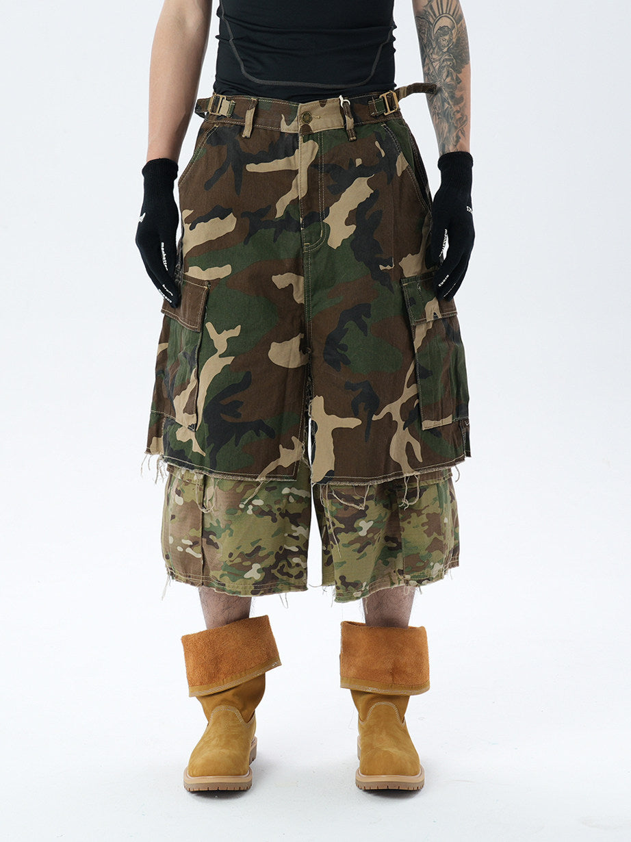 Camouflage Patchwork Fake Layered Multi Pocket Cargo Short Pants WN24346