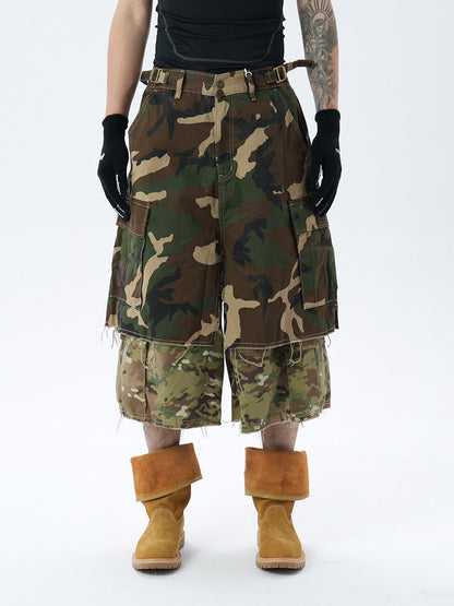 Camouflage Patchwork Fake Layered Multi Pocket Cargo Short Pants WN24346