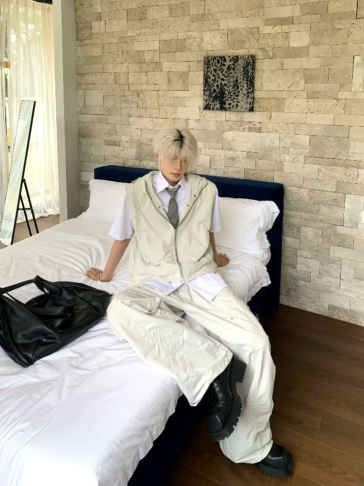 Hooded Sleeveless Vest Jacket & Cargo Pants Setup WN19785