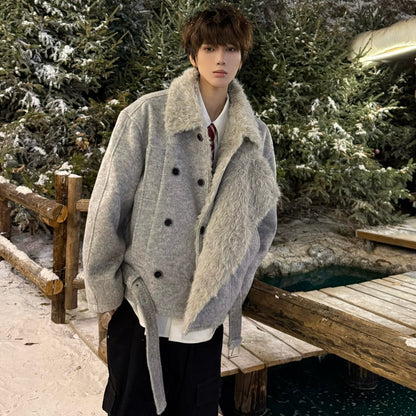 Fake Fur Collar Double Breasted Oversize Jacket WN23156