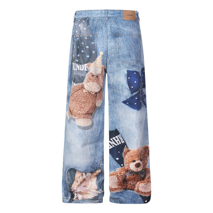 Washed 3D Character Print Wide Leg Denim Jeans WN25975