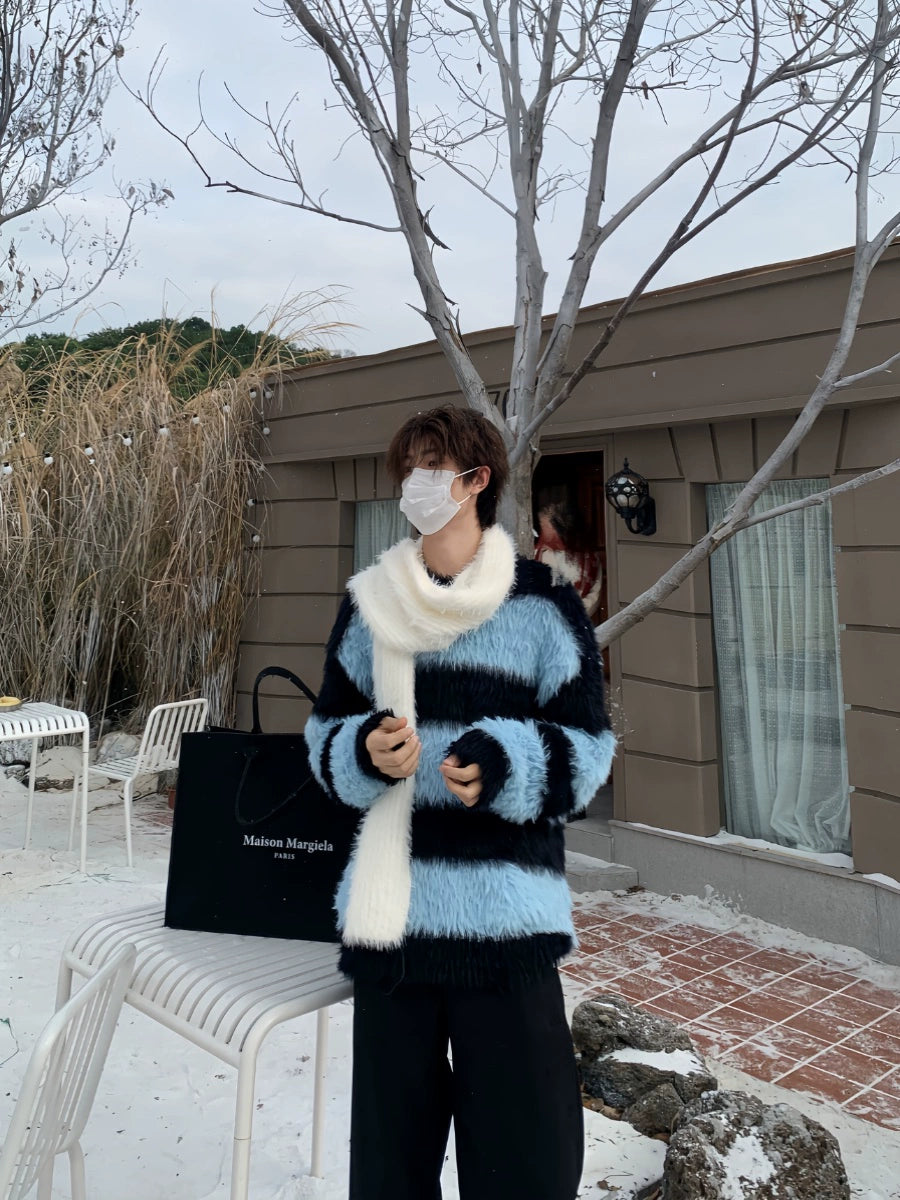 Stripe Fake Fur Pullover Knit Sweater WN19922