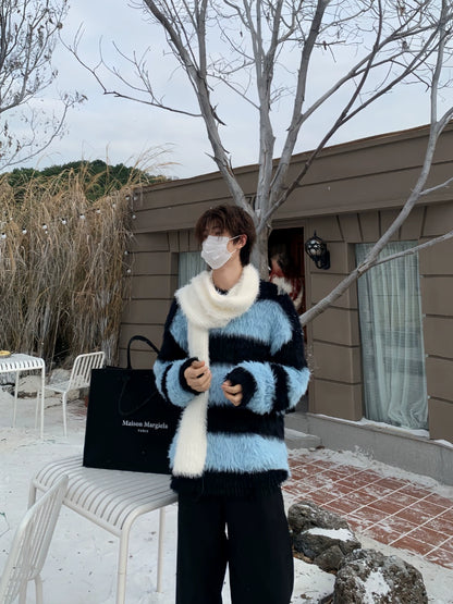 Stripe Fake Fur Pullover Knit Sweater WN19922