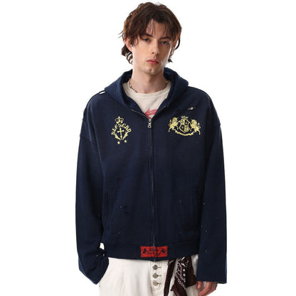 Damage Foil Print Short Zipper Hoodie WN27955