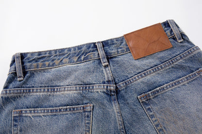 Frayed Applique Embroidery Washed Wide Leg Denim Jeans WN27833