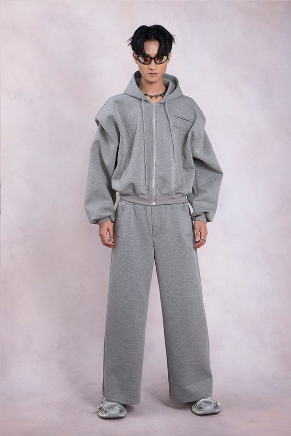 Shoulder Pad Short Zipper Hoodie & Wide-Leg Sweatpants Setup WN9335