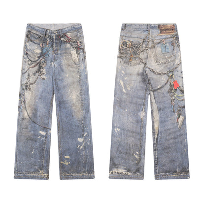 Washed Print Straight Denim Jeans WN12660