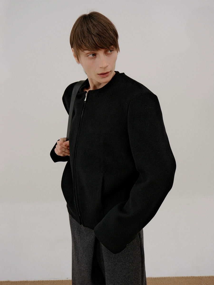 Collarless Wool Zipper Short Jacket WN21552