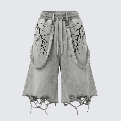 Lightning Print Damage Frayed Denim Half Jeans WN28046