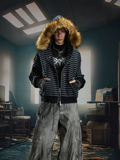 Fur Splicing Stripe Zipper Hoodie WN20591