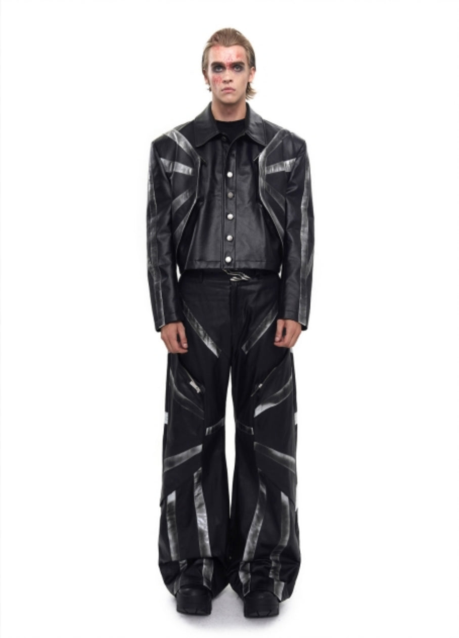 Patchwork Oversize PU Leather Jacket & PU Leather Pants Setup WN20510