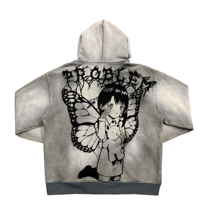 Graffiti Print Anime Design Washed Zipper Hoodie WN18748