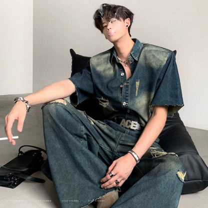 Washed Damage Wide Leg Denim Jeans & Denim Jacket Setup WN20087