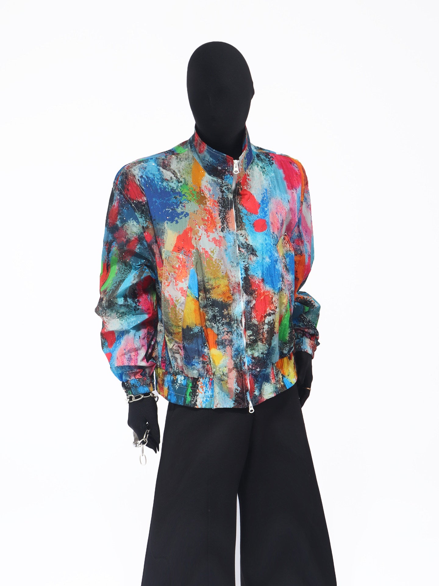 Abstract Paint Standing-Collar Short Jacket WN23717