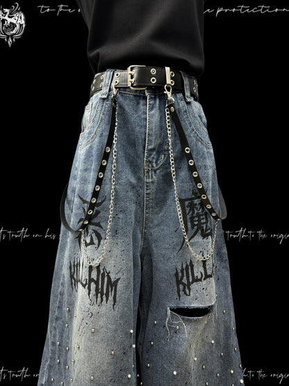 Cropped Graffiti Studs Wide Leg Denim Jeans & Skull Belt & Cross Belt & Belt Chain WN23825
