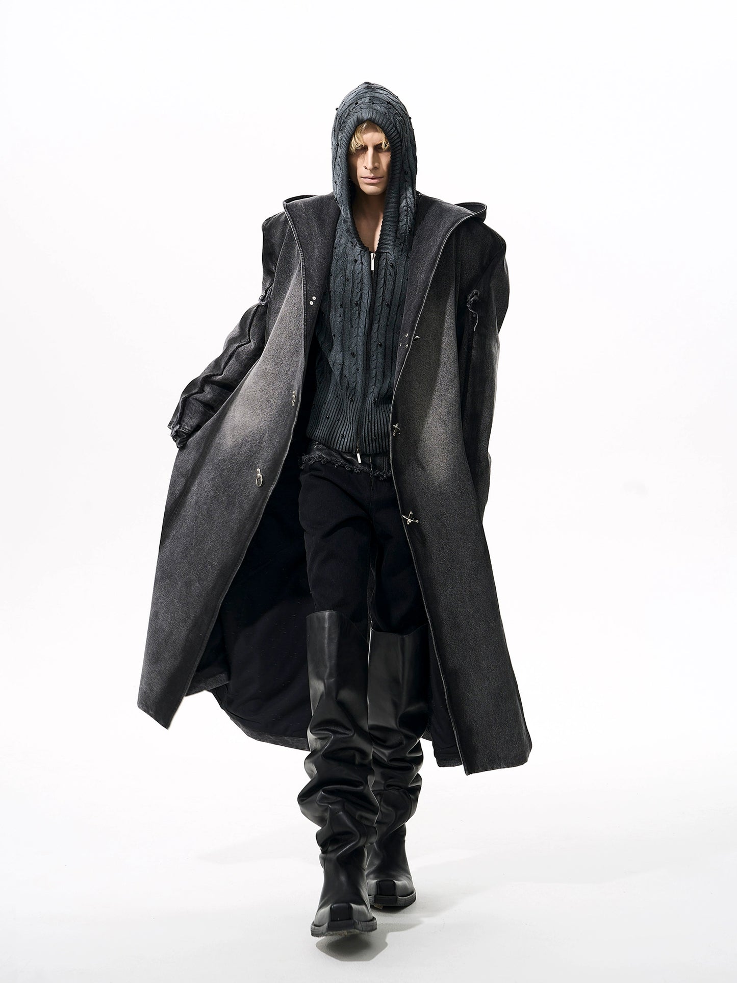 Hooded Shoulder-Pad Denim Long Trench Coat WN21780