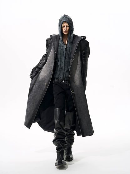 Hooded Shoulder-Pad Denim Long Trench Coat WN21780