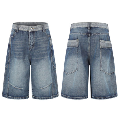 Color Block Washed Wide Leg Denim Half Jeans WN25961
