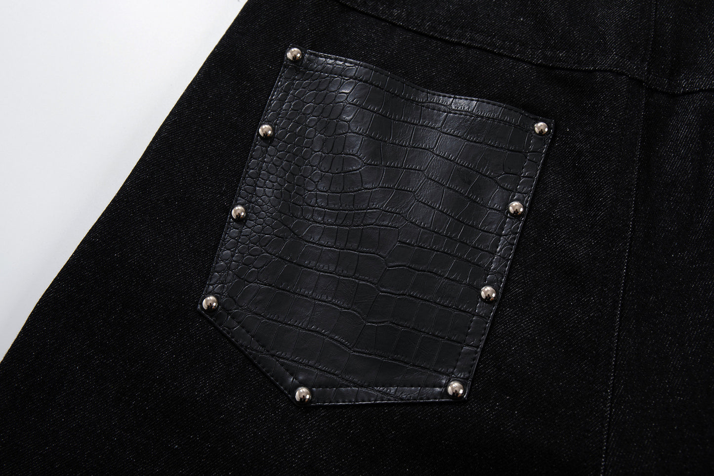 Studs PU Leather Panel Wide Leg Denim Jeans WN25799